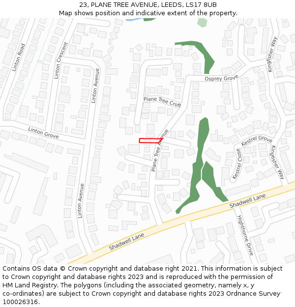 23, PLANE TREE AVENUE, LEEDS, LS17 8UB: Location map and indicative extent of plot