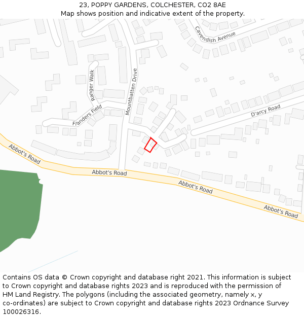 23, POPPY GARDENS, COLCHESTER, CO2 8AE: Location map and indicative extent of plot