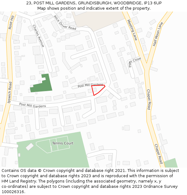 23, POST MILL GARDENS, GRUNDISBURGH, WOODBRIDGE, IP13 6UP: Location map and indicative extent of plot