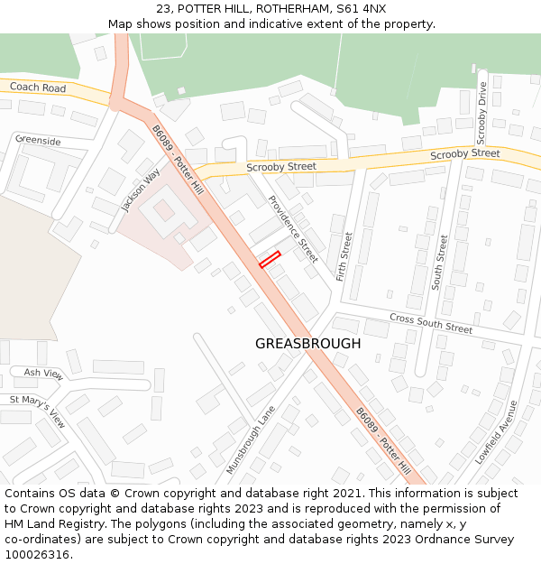 23, POTTER HILL, ROTHERHAM, S61 4NX: Location map and indicative extent of plot