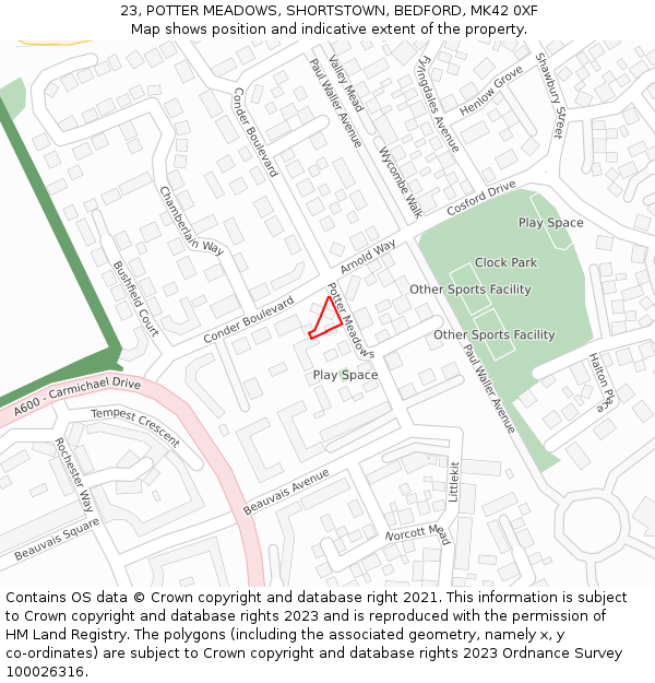 23, POTTER MEADOWS, SHORTSTOWN, BEDFORD, MK42 0XF: Location map and indicative extent of plot