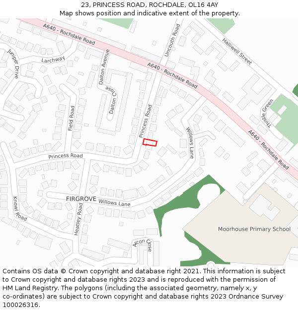 23, PRINCESS ROAD, ROCHDALE, OL16 4AY: Location map and indicative extent of plot