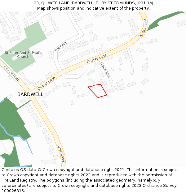 23, QUAKER LANE, BARDWELL, BURY ST EDMUNDS, IP31 1AJ: Location map and indicative extent of plot