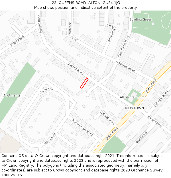 23, QUEENS ROAD, ALTON, GU34 1JG: Location map and indicative extent of plot