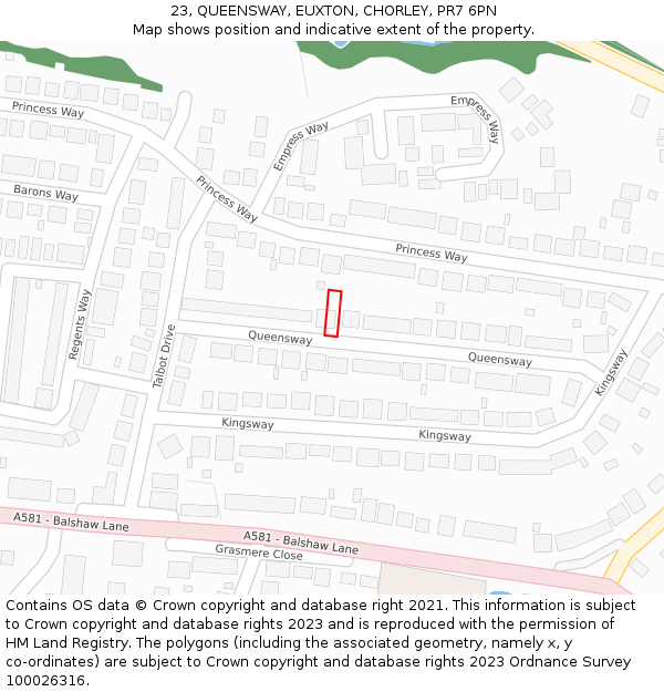 23, QUEENSWAY, EUXTON, CHORLEY, PR7 6PN: Location map and indicative extent of plot