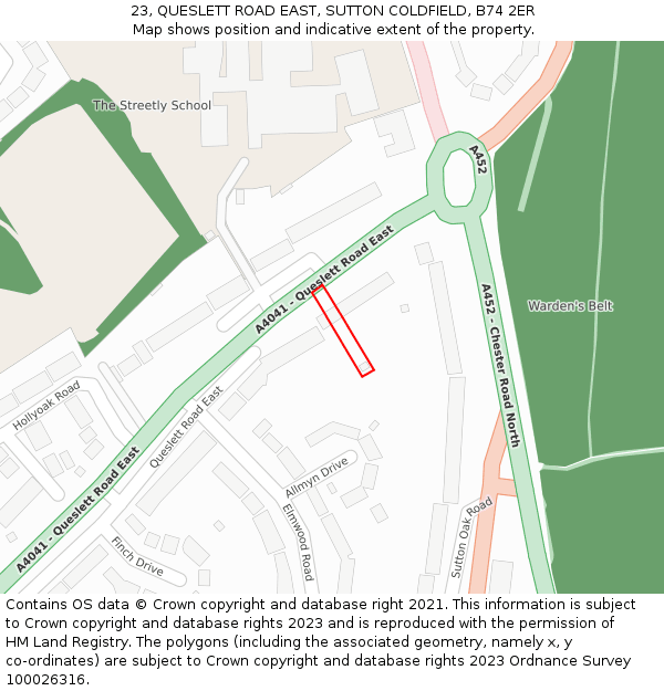 23, QUESLETT ROAD EAST, SUTTON COLDFIELD, B74 2ER: Location map and indicative extent of plot