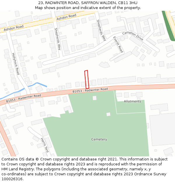 23, RADWINTER ROAD, SAFFRON WALDEN, CB11 3HU: Location map and indicative extent of plot