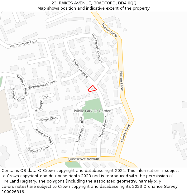 23, RAIKES AVENUE, BRADFORD, BD4 0QQ: Location map and indicative extent of plot