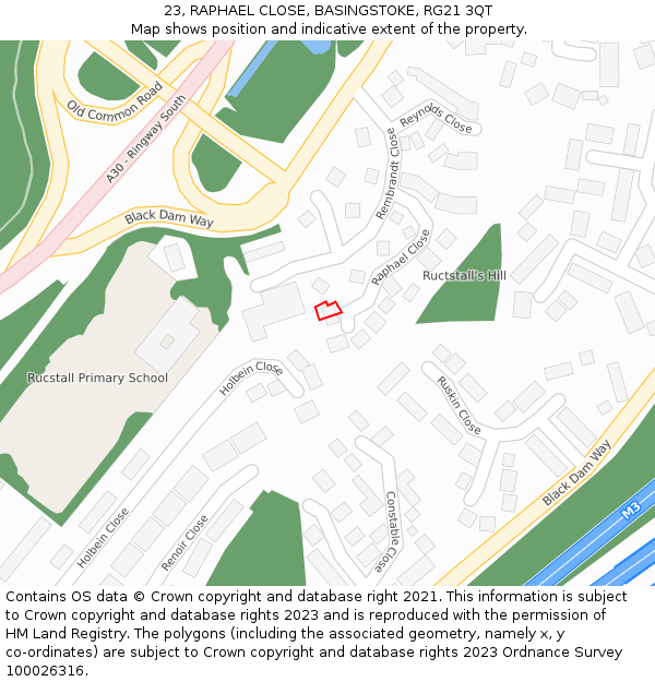 23, RAPHAEL CLOSE, BASINGSTOKE, RG21 3QT: Location map and indicative extent of plot
