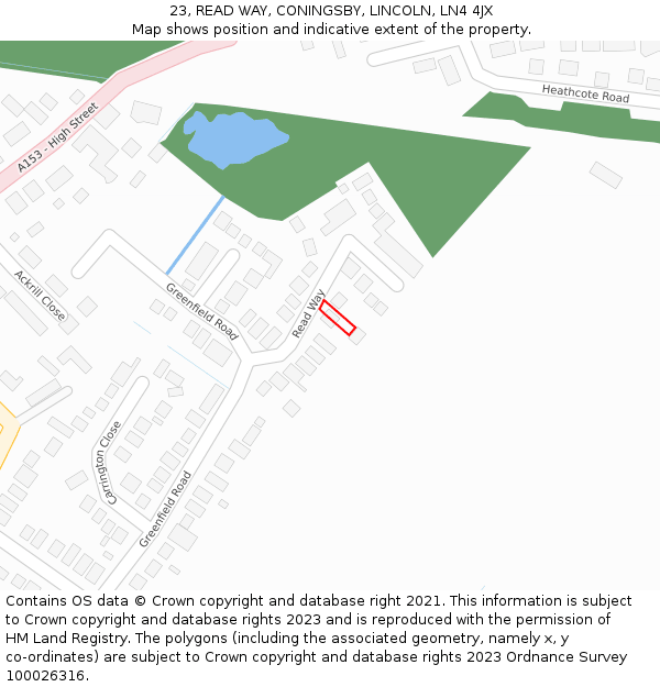 23, READ WAY, CONINGSBY, LINCOLN, LN4 4JX: Location map and indicative extent of plot