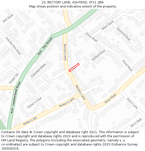 23, RECTORY LANE, ASHTEAD, KT21 2BA: Location map and indicative extent of plot