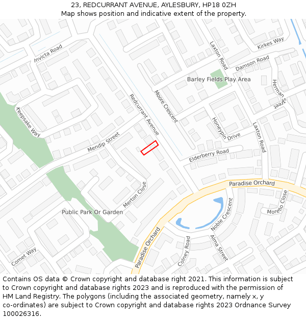 23, REDCURRANT AVENUE, AYLESBURY, HP18 0ZH: Location map and indicative extent of plot