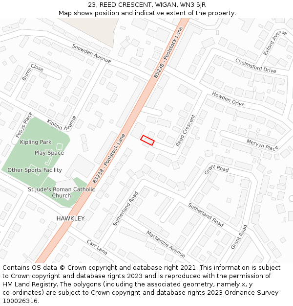 23, REED CRESCENT, WIGAN, WN3 5JR: Location map and indicative extent of plot