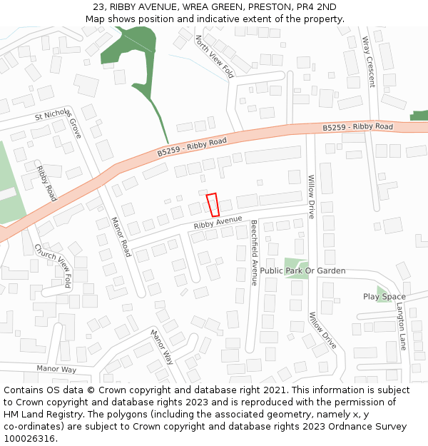 23, RIBBY AVENUE, WREA GREEN, PRESTON, PR4 2ND: Location map and indicative extent of plot