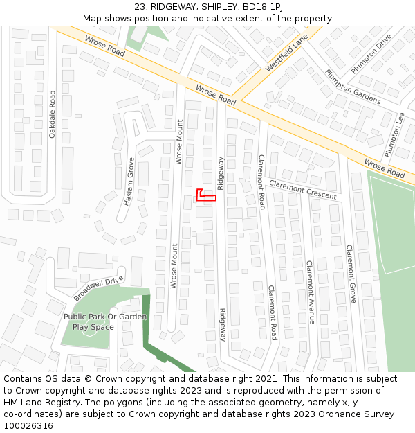 23, RIDGEWAY, SHIPLEY, BD18 1PJ: Location map and indicative extent of plot