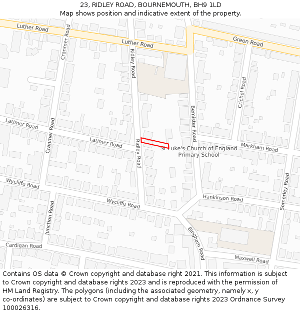 23, RIDLEY ROAD, BOURNEMOUTH, BH9 1LD: Location map and indicative extent of plot