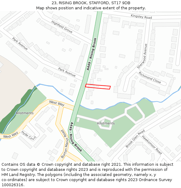 23, RISING BROOK, STAFFORD, ST17 9DB: Location map and indicative extent of plot