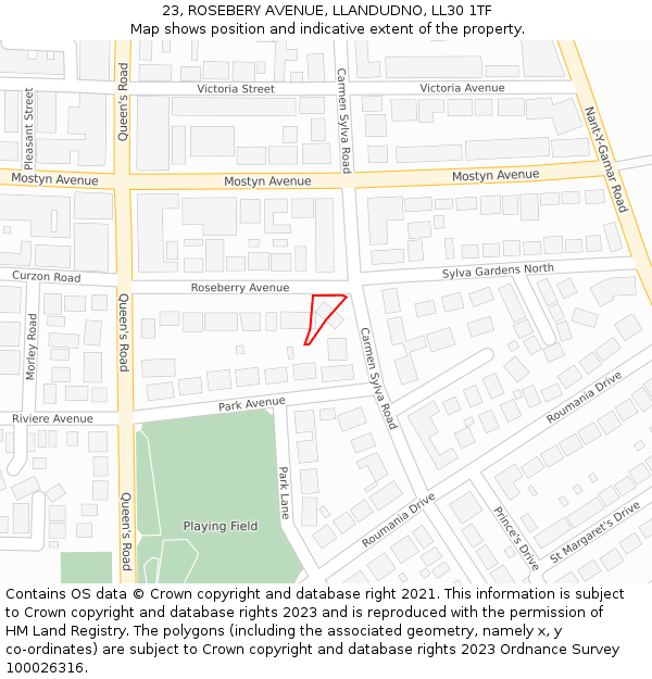 23, ROSEBERY AVENUE, LLANDUDNO, LL30 1TF: Location map and indicative extent of plot