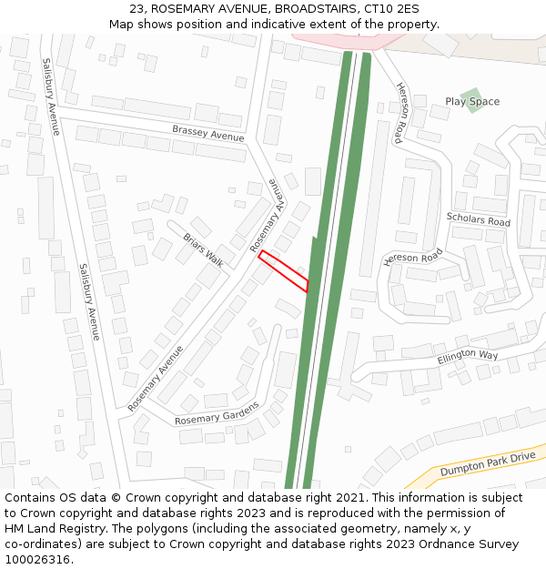 23, ROSEMARY AVENUE, BROADSTAIRS, CT10 2ES: Location map and indicative extent of plot