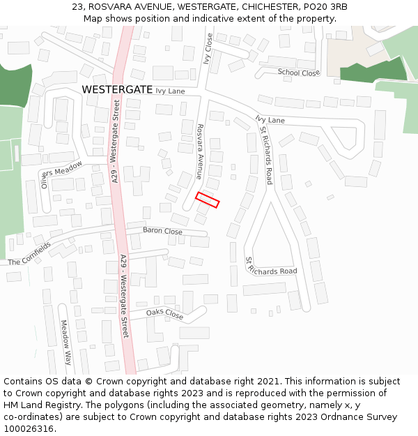23, ROSVARA AVENUE, WESTERGATE, CHICHESTER, PO20 3RB: Location map and indicative extent of plot