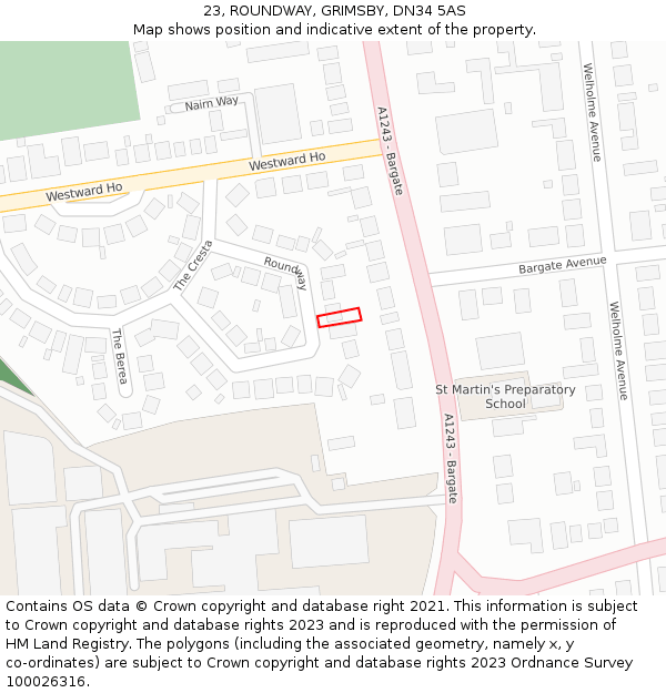 23, ROUNDWAY, GRIMSBY, DN34 5AS: Location map and indicative extent of plot