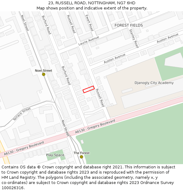 23, RUSSELL ROAD, NOTTINGHAM, NG7 6HD: Location map and indicative extent of plot