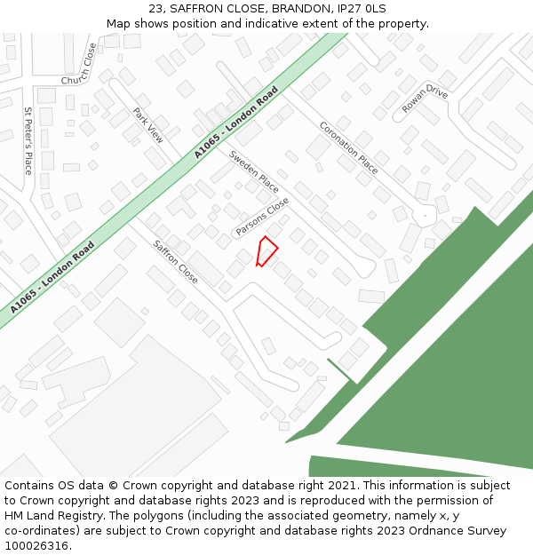 23, SAFFRON CLOSE, BRANDON, IP27 0LS: Location map and indicative extent of plot