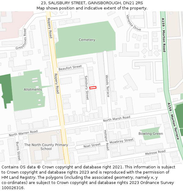 23, SALISBURY STREET, GAINSBOROUGH, DN21 2RS: Location map and indicative extent of plot