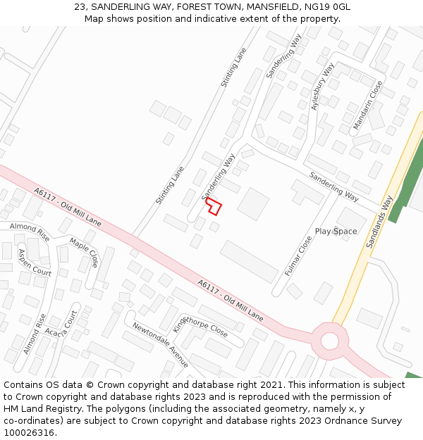 23, SANDERLING WAY, FOREST TOWN, MANSFIELD, NG19 0GL: Location map and indicative extent of plot