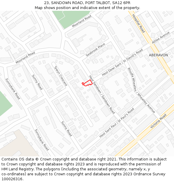 23, SANDOWN ROAD, PORT TALBOT, SA12 6PR: Location map and indicative extent of plot