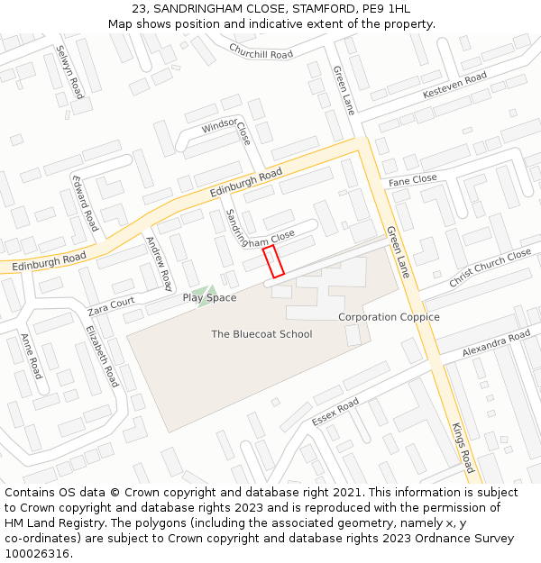 23, SANDRINGHAM CLOSE, STAMFORD, PE9 1HL: Location map and indicative extent of plot