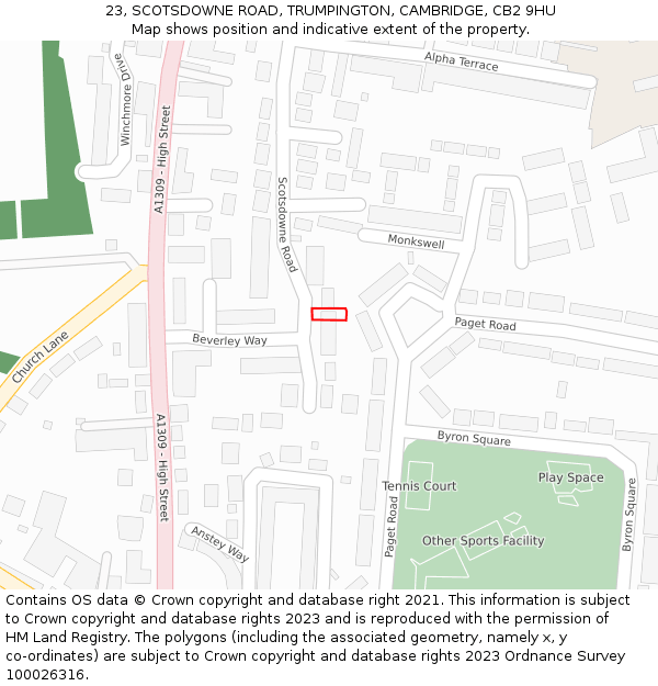 23, SCOTSDOWNE ROAD, TRUMPINGTON, CAMBRIDGE, CB2 9HU: Location map and indicative extent of plot