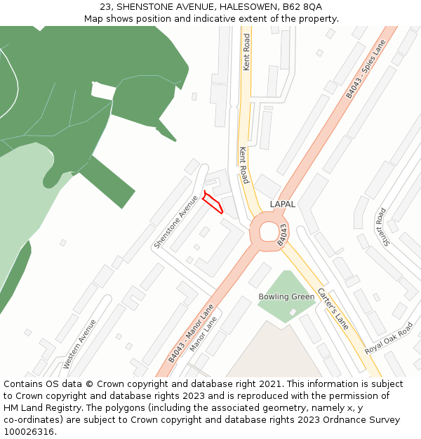 23, SHENSTONE AVENUE, HALESOWEN, B62 8QA: Location map and indicative extent of plot