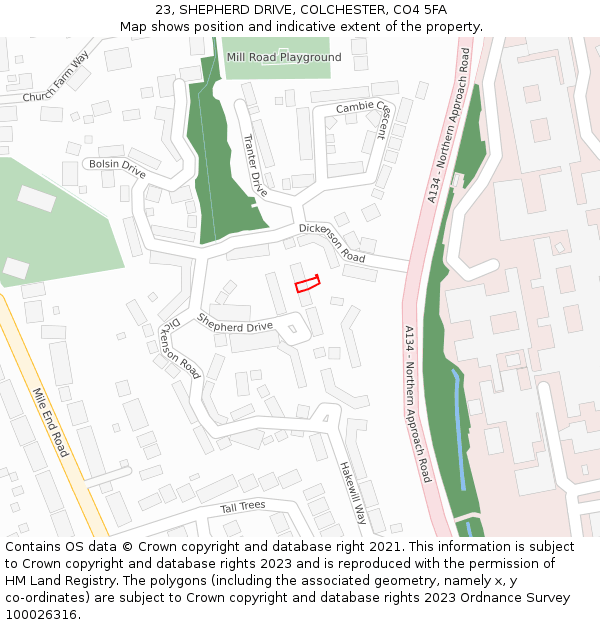 23, SHEPHERD DRIVE, COLCHESTER, CO4 5FA: Location map and indicative extent of plot