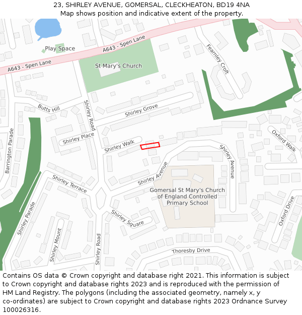 23, SHIRLEY AVENUE, GOMERSAL, CLECKHEATON, BD19 4NA: Location map and indicative extent of plot