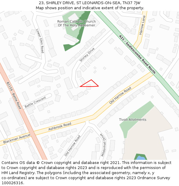 23, SHIRLEY DRIVE, ST LEONARDS-ON-SEA, TN37 7JW: Location map and indicative extent of plot