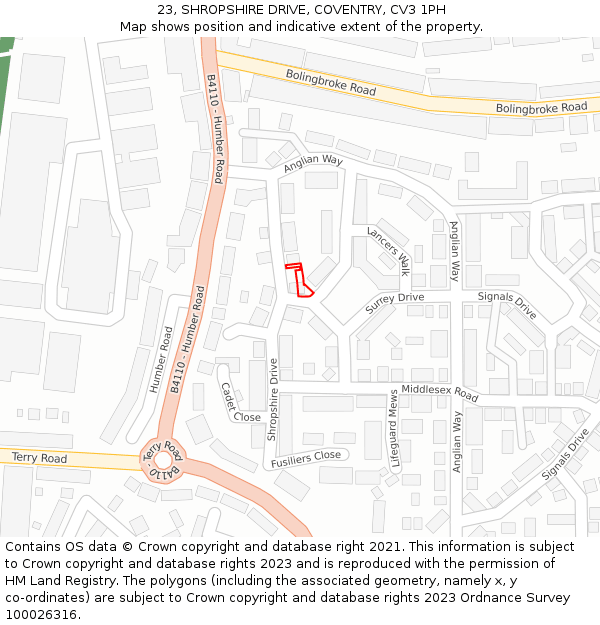 23, SHROPSHIRE DRIVE, COVENTRY, CV3 1PH: Location map and indicative extent of plot