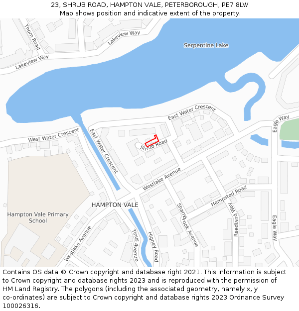 23, SHRUB ROAD, HAMPTON VALE, PETERBOROUGH, PE7 8LW: Location map and indicative extent of plot