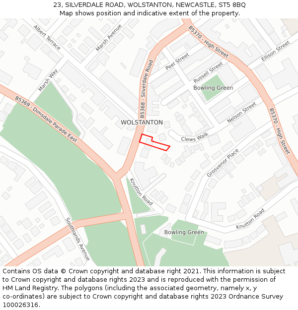 23, SILVERDALE ROAD, WOLSTANTON, NEWCASTLE, ST5 8BQ: Location map and indicative extent of plot