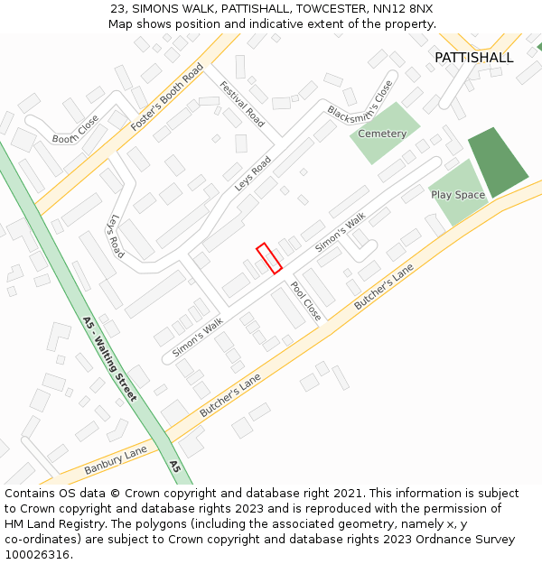 23, SIMONS WALK, PATTISHALL, TOWCESTER, NN12 8NX: Location map and indicative extent of plot