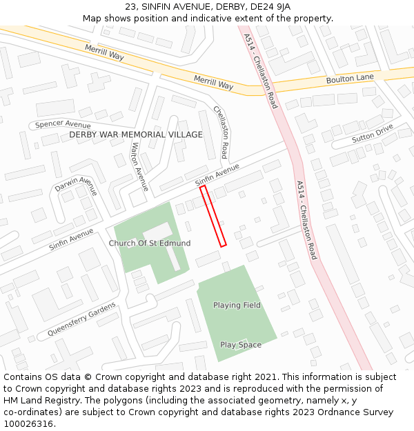 23, SINFIN AVENUE, DERBY, DE24 9JA: Location map and indicative extent of plot