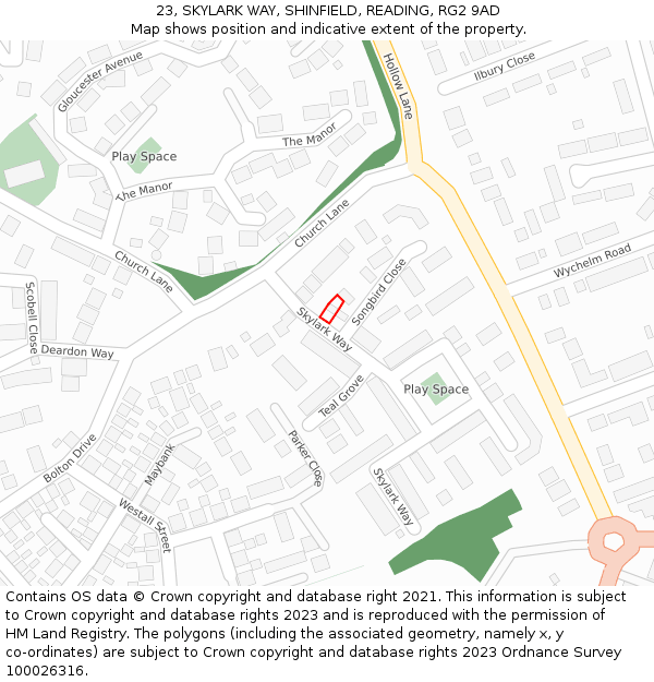 23, SKYLARK WAY, SHINFIELD, READING, RG2 9AD: Location map and indicative extent of plot