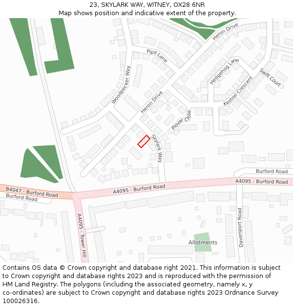 23, SKYLARK WAY, WITNEY, OX28 6NR: Location map and indicative extent of plot
