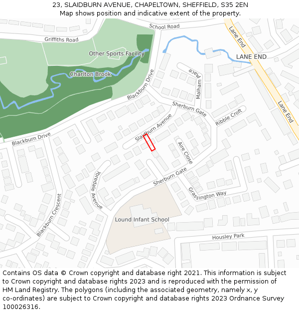 23, SLAIDBURN AVENUE, CHAPELTOWN, SHEFFIELD, S35 2EN: Location map and indicative extent of plot