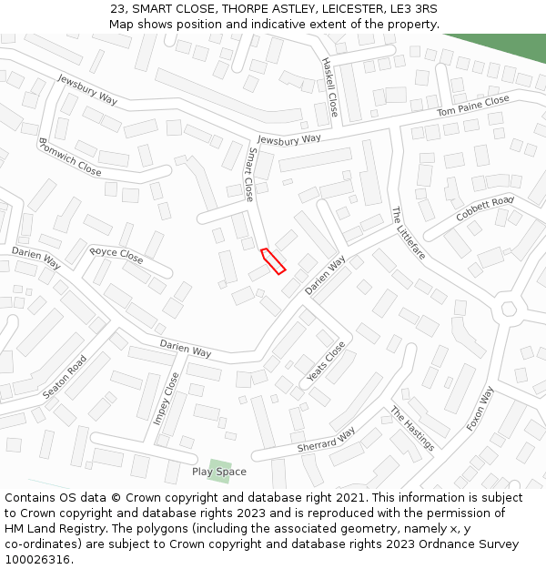 23, SMART CLOSE, THORPE ASTLEY, LEICESTER, LE3 3RS: Location map and indicative extent of plot