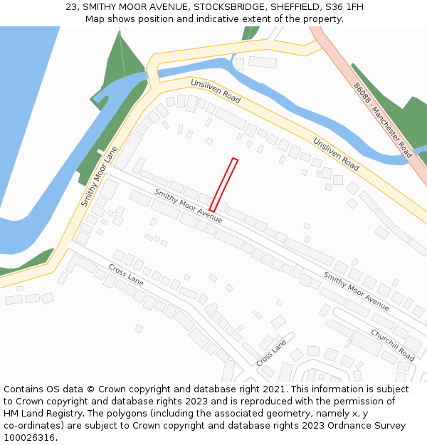 23, SMITHY MOOR AVENUE, STOCKSBRIDGE, SHEFFIELD, S36 1FH: Location map and indicative extent of plot
