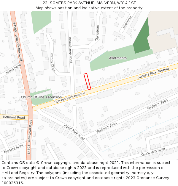 23, SOMERS PARK AVENUE, MALVERN, WR14 1SE: Location map and indicative extent of plot