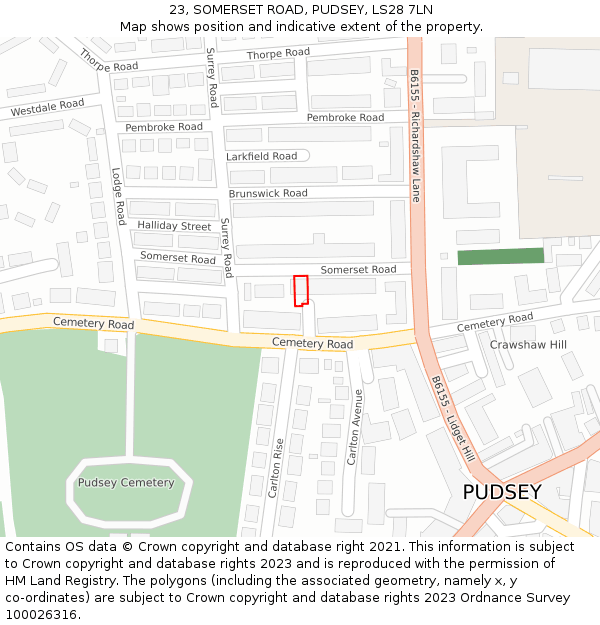 23, SOMERSET ROAD, PUDSEY, LS28 7LN: Location map and indicative extent of plot