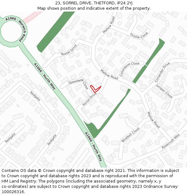 23, SORREL DRIVE, THETFORD, IP24 2YJ: Location map and indicative extent of plot