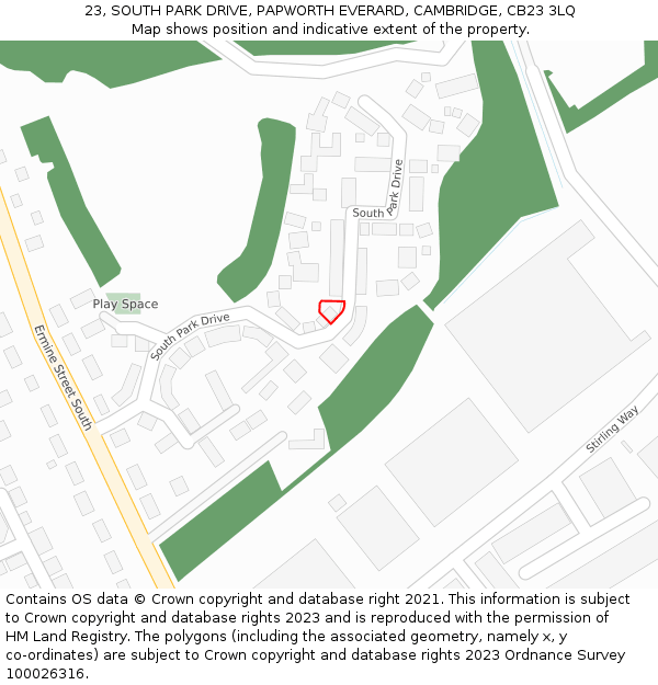 23, SOUTH PARK DRIVE, PAPWORTH EVERARD, CAMBRIDGE, CB23 3LQ: Location map and indicative extent of plot